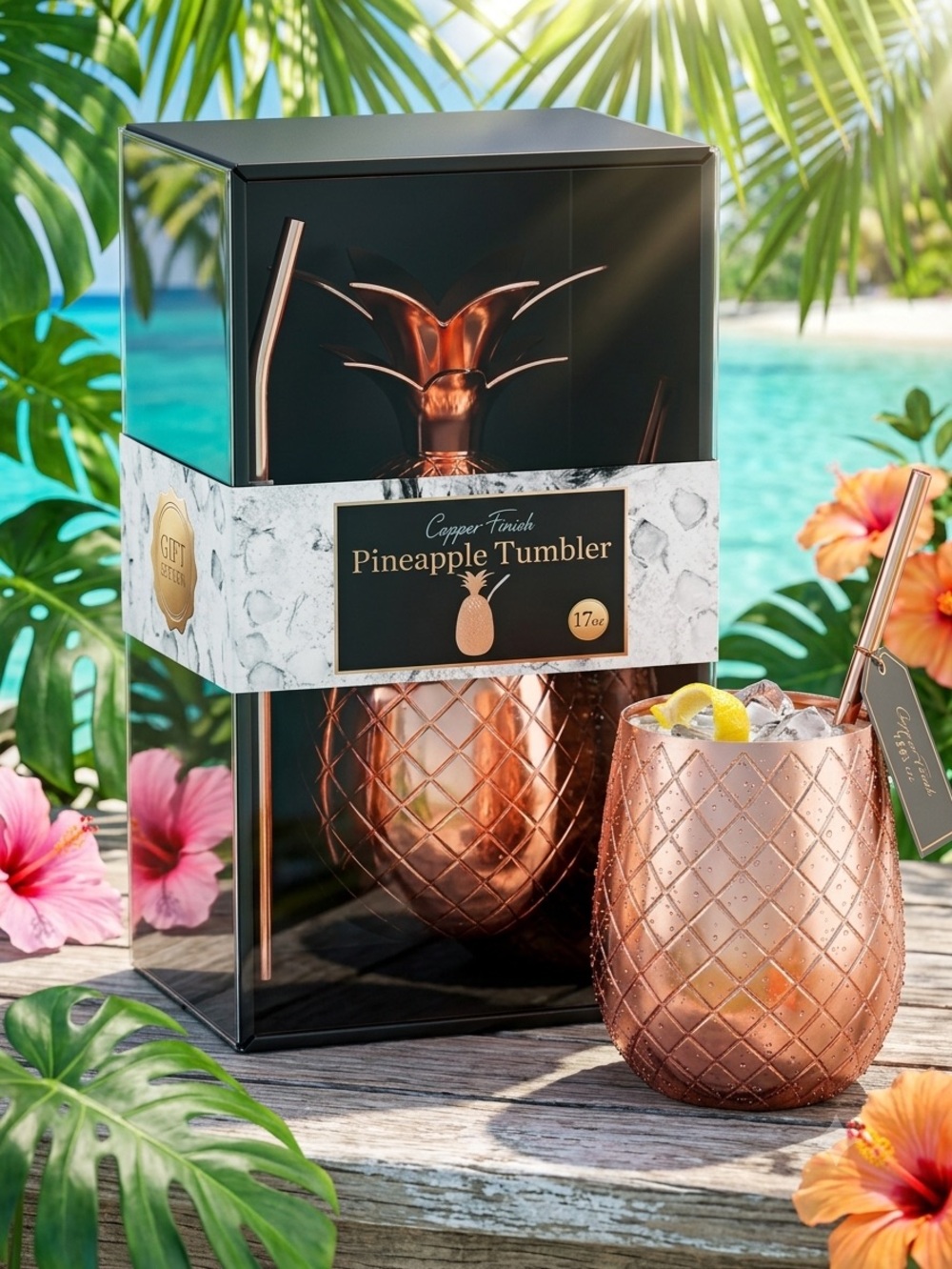 Copper Finished Pineapple Tumbler with Straw 17oz